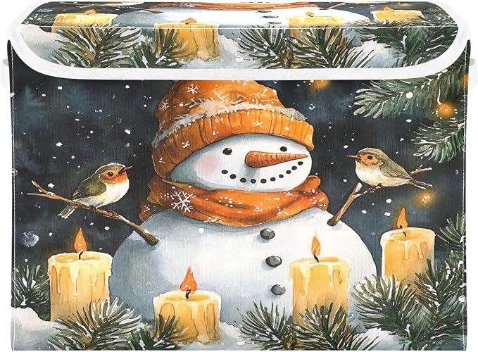 Watercolor Snowman Storage Bins with Lids and Carrying Handle,Foldable Storage Boxes Organizer Containers Baskets Cube with Cover for Home Bedroom Closet Office Nursery