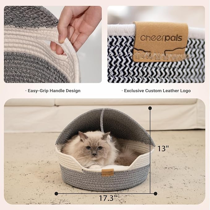 CHEERPALS Cat Basket Bed with Washable Cushion and Ball Rope Cotton, Covered Pet Bed for Indoor Cats Cave Bed Hooded, Stimulicat Cat Bed Handwoven Breathable, All Season Universal(Blue)