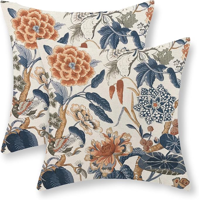 Navy Blue Orange Pillow Covers 18x18 Inch Set of 2 Vintage Blue Floral Throw Pillows Chinoiserie Flower Decorative Pillow Case Outdoor Linen Farmhouse Cushion Cover for Couch Sofa Decorations