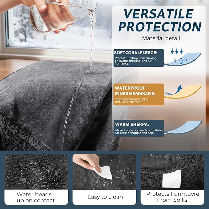Waterproof Dog Blanket 60 x 80 in for Large Dogs, XL Washable Pet Blanket | Aodisman Thick Fleece Dog Throw Blanket, Leakproof Washable Furniture Protector for Sofa, Couch, Bed, Crate & Kennel, Grey