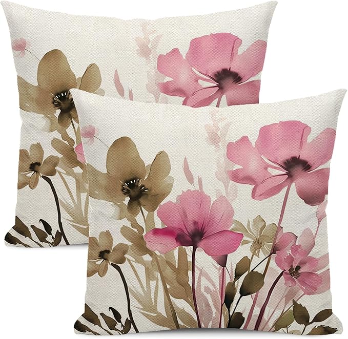 Spring Floral Pillow Covers 18x18 Inches Set of 2 Brown Pink Floral Throw Pillow Covers Outdoor Rustic Summer Flower Decoration Pillowcase Farmhouse Decorative Cushion Cover for Sofa Couch