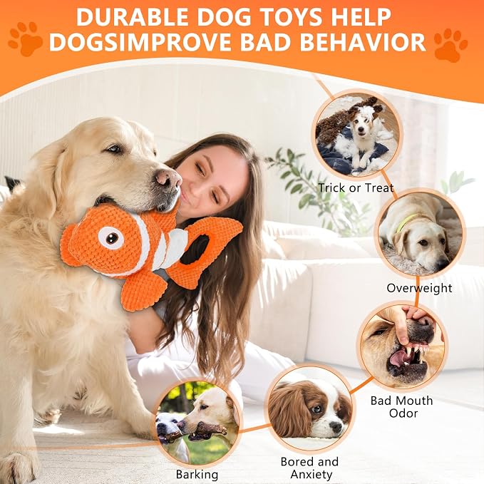 Squeaky Clownfish Dog Toy, Plush Crinkle Tug Toy with Handle