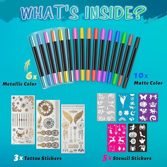Temporary Tattoo Markers for Skin, 16 Colors Dual-Tip Tattoo Pens + 43 Tattoo Stencils + 50 Tattoo Stickers, Skin-Safe Glitter & Matte Body Markers, Washable Tattoo Kit for Kids Adults