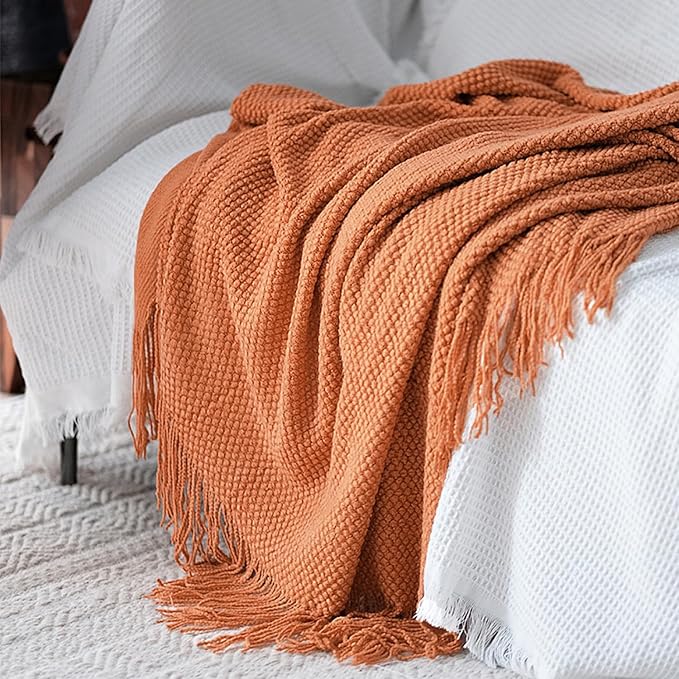 LOMAO Knitted Throw Blanket with Tassels Bubble Textured Lightweight Throws for Couch Cover Home Decor (Orange, 60x80)