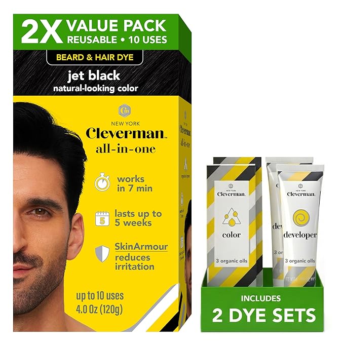 2X Reusable Hair & Beard Dye for Men – Jet Black | Up to 10 Uses, 7 Minutes | Natural Gray Coverage, No-Drip Cream with SkinArmour® – Cleverman