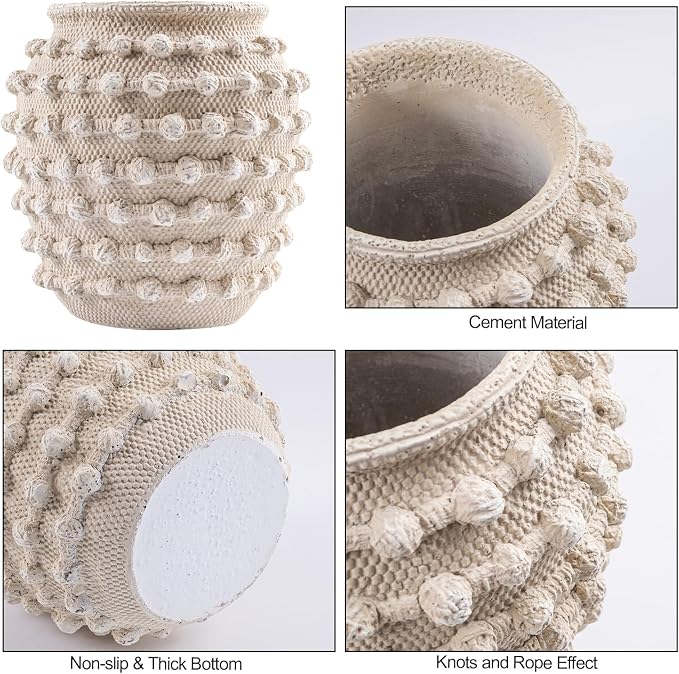 DN DECONATION Beige Flower Vase, 8.2" Farmhouse Boho Vase for Home Decor | Textured Rustic Vase, Cement Decorative Vases with Rope Knots for Living Room, Table Centerpiece, Shelf, Mantel Decoration