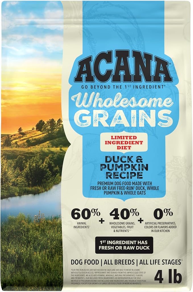 ACANA Wholesome Grains Dry Dog Food Duck & Pumpkin 4lb Bag | High Protein, Made in the USA, Includes Probiotics, Limited Ingredient, Global Quality Ingredients