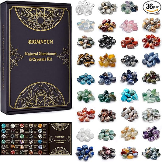 Polished Healing Crystal Stones Set, 36 Different Natural Gemstone Types, 2.5 lbs of 0.5" Tumbled Decorative Rocks Collection for Chakra, Meditation, Reiki, Energy Work, Crafts