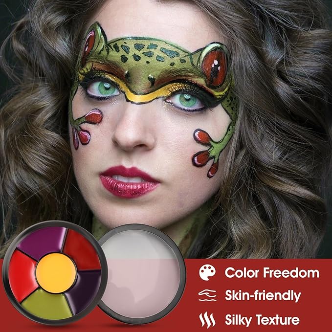 6 Colors Halloween Face Body Paint + 6pc Sponge + 3pc Brush, Yellow Purple Red Green Bruise Wheel for SFX Makeup, Face-Paint Body Paint Halloween Makeup Kit for Zombie Clown Joker Alien Witch Costume