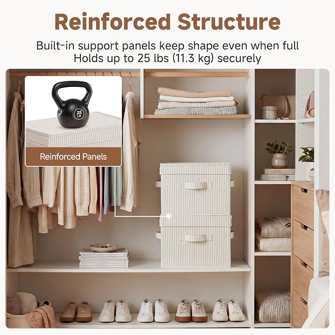 StorageWorks Closet Storage Bins, Fabric Storage Bins with Lids | Flip-Top Lid, 3 Handles, Collapsible, Stackable, for Clothes Blankets, Multi-Purpose, Medium, Khaki and Beige Stripes, 2-Pack