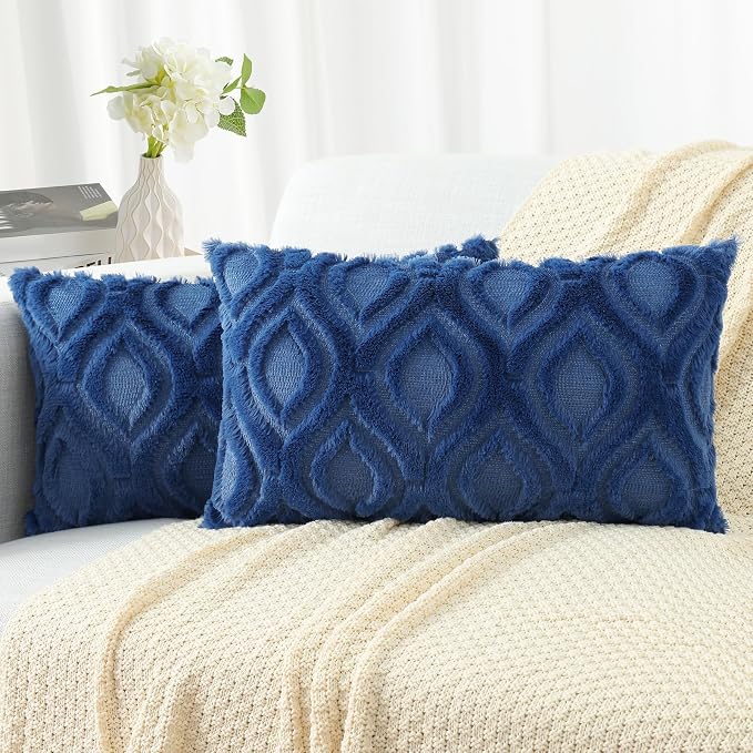 decorUhome Faux Fur Plush Soft Dark Blue Throw Pillow Covers 12x20 Set of 2 | Wool Solid Fall Couch Pillow Covers, Accent Modern Farmhouse Neutral Decorative Square Pillow Cases for Sofa Bed Living Room