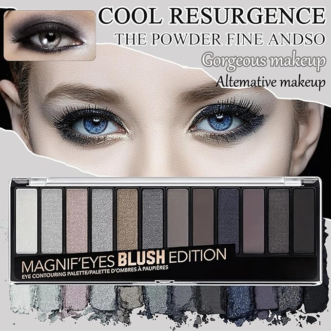 Black Grey Smoky Eyeshadow Palette,15 Colors Matte Shimmer Pigmented Eye Shadow Makeup Palette Set with 3 Eyeshadow Brushes,Glitter Eye Shadow Palette for Daily Halloween Goth Makeup(G)