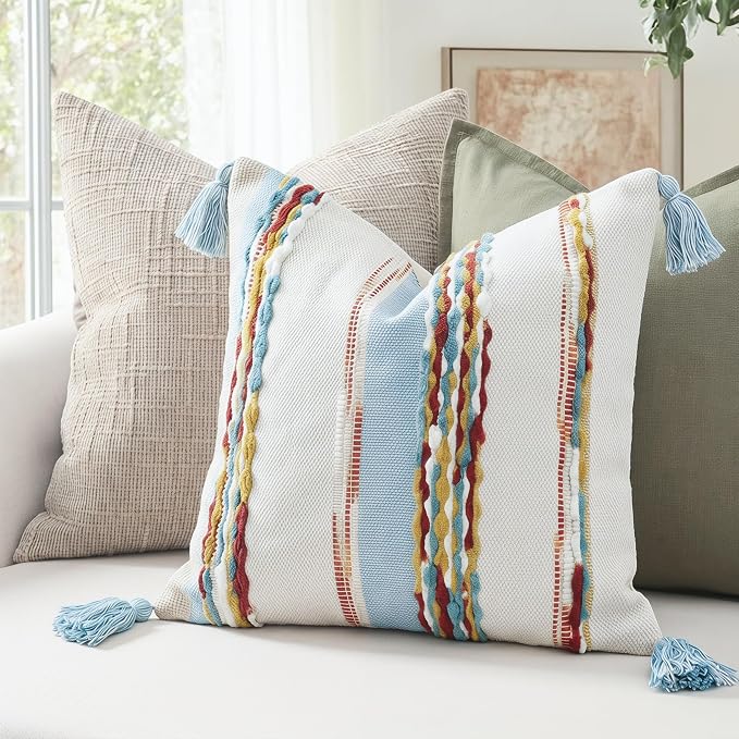 PANOD Chenille Farmhouse Throw Pillow Covers 16 x 16 Blue Brown, Neutral Boucle Couch Pillow Cover, Striped Decorative Boho Coushion Cover Pillow Case for Couch Bed Sofa Bedroom,Modern Accent,Set of 2