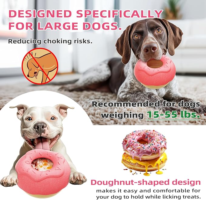 Dog Chew Toy for Aggressive Chewers, Freezable Lick Treat Dispenser, Stuffable Lick Toy, Interactive Enrichment, Long Lasting Puzzle Boredom Buster for Medium & Large Dogs - Pink Donut