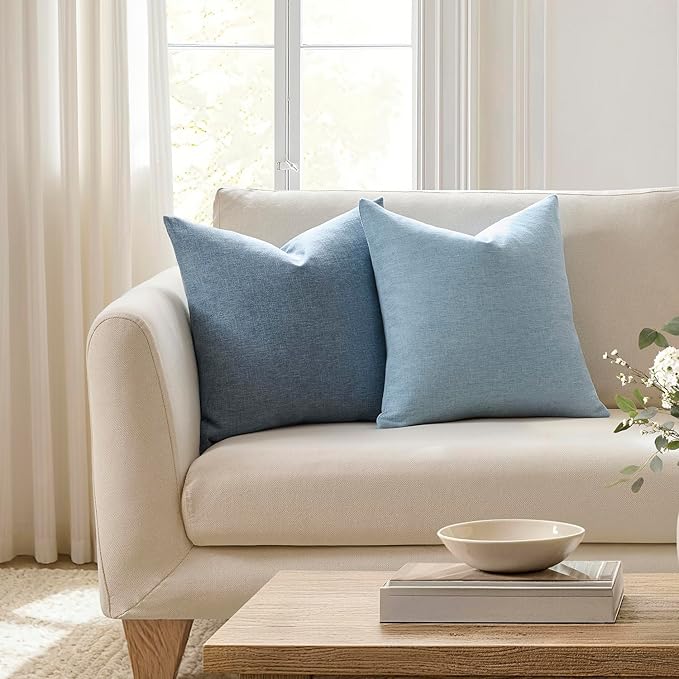 Meekio Set of 2 Slate Blue Throw Pillow Covers 22x22, Coastal Linen Blend Decorative Pillow Covers for Couch Sofa Bed, Beach House Farmhouse Decor