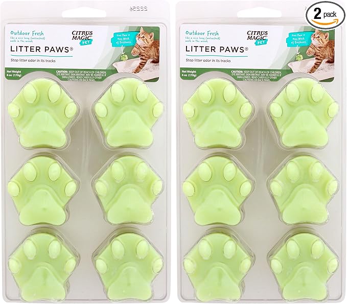 Citrus Magic Pet Odor Eliminator Litter Paws, Outdoor Fresh, 2 Pack | Odor Absorber for Cat Litter Boxes, Air Fresheners for Home with Pets, 6 Paws per Pack
