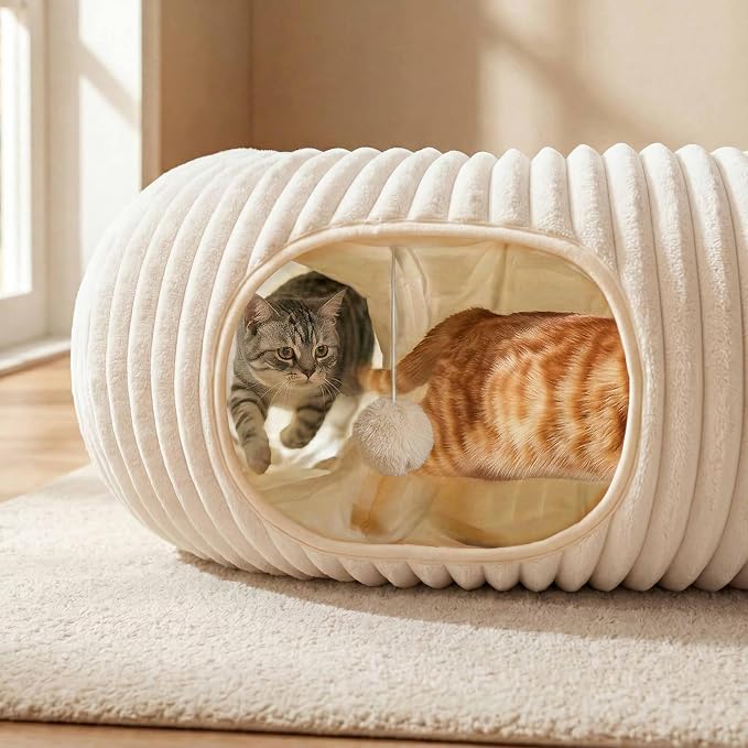 Cat Tunnel Bed with 40 Pcs Interactive Cat Toys, White | Cat Tube with Kitten Toys for Indoor Kittens, Collapsible Play Tunnel, Cat Gifts