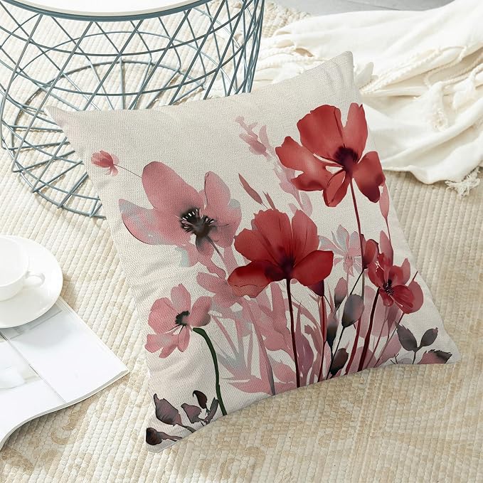 Spring Pillow Covers 18x18 Inches Set of 2 Pink Burgundy Red Floral Throw Pillow Covers Outdoor Rustic Summer Flower Decoration Pillowcase Farmhouse Decorative Cushion Cover For Home Sofa Couch
