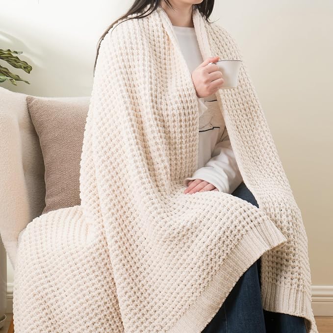 Cream White Throw Blanket for Couch Bed, Waffle Knit Throw Blanket 50"x60" | Ivory Chunky Chenille Throw Blanket, Modern Farmhouse Knitted Blankets, Warm Decorative White Blanket Throw for Home Decor