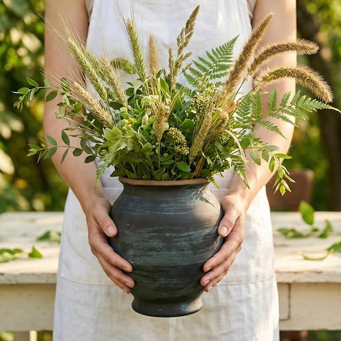 Rustic Ceramic Flower Vase,8 Inch Indigo Artisan Handcrafted Wide Ceramic Vase Farmhouse Rustic Vase Wide vases for Decor Living Room Home Decor