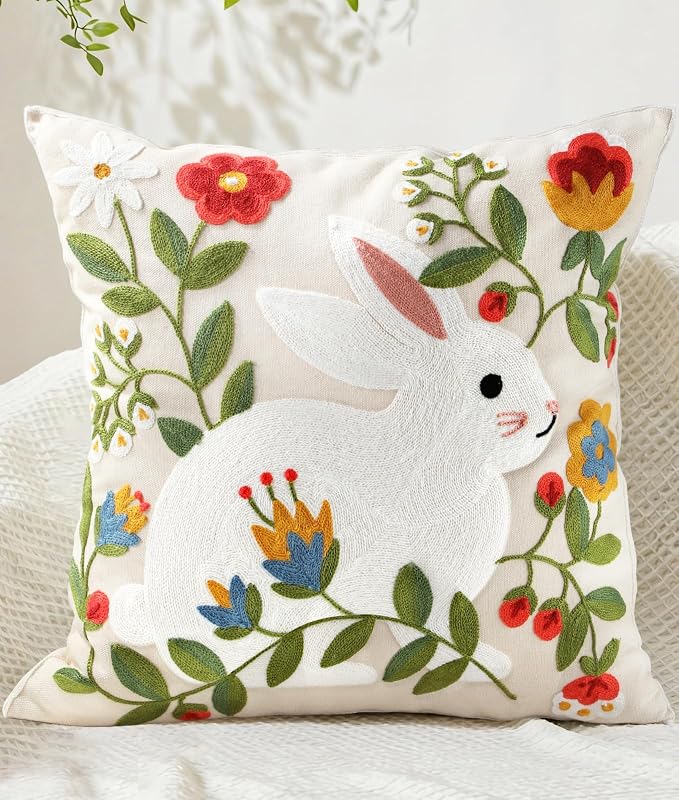 Animal Embroidered Throw Pillow Cover 18x18 Inch, Rabbit Floral | Decorative Pillow Cover, Cottagecore Cushion Cases with Hidden Zipper, Farmhouse Decor for Couch, Sofa, Living Room