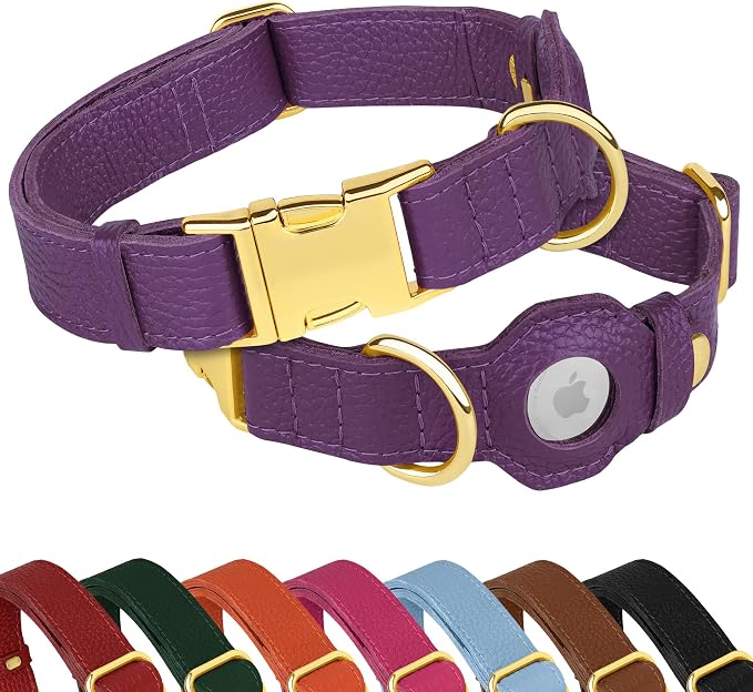 Leather Airtag Dog Collar - Soft Tracking Dog Collar with Apple AirTag Holder and Metal Buckle - Safety GPS Pet Collars for Small Medium Large Dogs Puppy Pink Red (Purple, M, 14"-18" Neck Fit)
