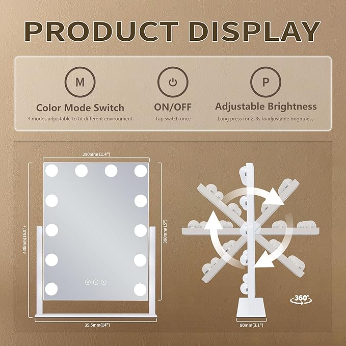 NUSVAN Vanity Makeup Mirror with Lights,3 Color Lighting Modes Detachable 10X Magnification Mirror Touch Control,360°Rotation, White (14.6Inch)
