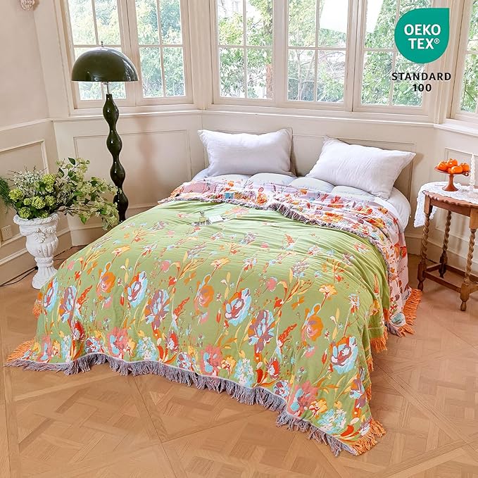MSGKV Boho Throw Blanket 60"x80" Summer Cotton Butterfly Floral Blanket | Butterfly Floral Pattern, Muslin Throw, Reversible Woven, Lightweight Comfort, Farmhouse Decor, All Season, Machine Washable