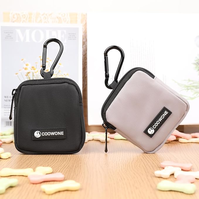 2 PCS Waterproof Small Dog Treat Bag for Leash, Hands Free Dog Walking Bag with Carabiner, Dog Poop Bag Holder for Pet Puppy Travel or Outdoor Use, Zipper Closure to Avoid Spilling