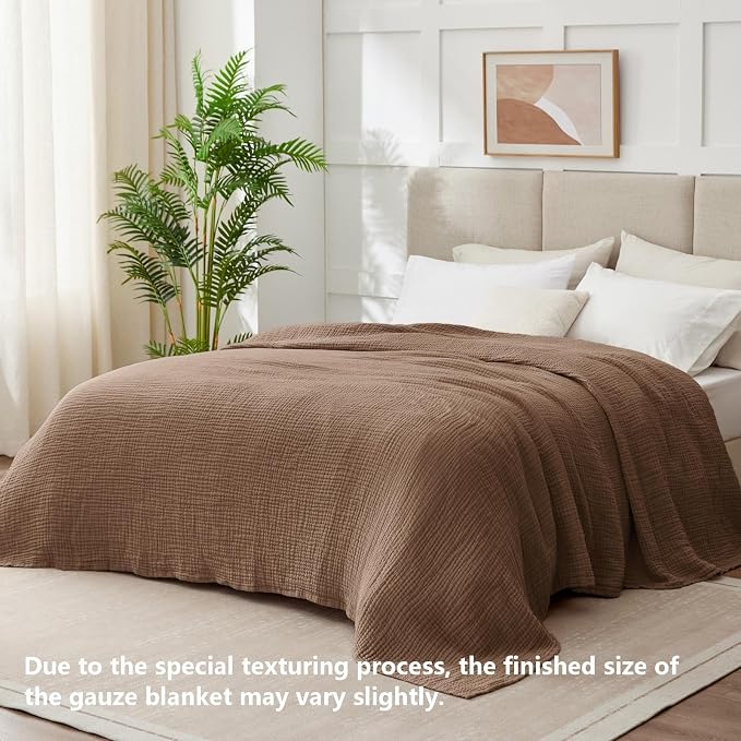 100% Cotton Muslin Blanket California King 120" x 90", 6 Layers Breathable and Lightweight Oversized Blankets for Bed, Soft Cooling Gauze Blanket for Adults All Season, Tan