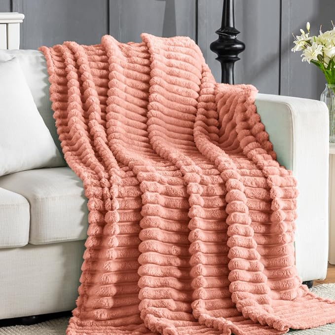 Wider Striped 380gsm Thick Large King Blanket for Couch Super Soft Cozy Blankets for Women Big Fuzzy Fleece Pink Blanket for Bed Sofa 90x104