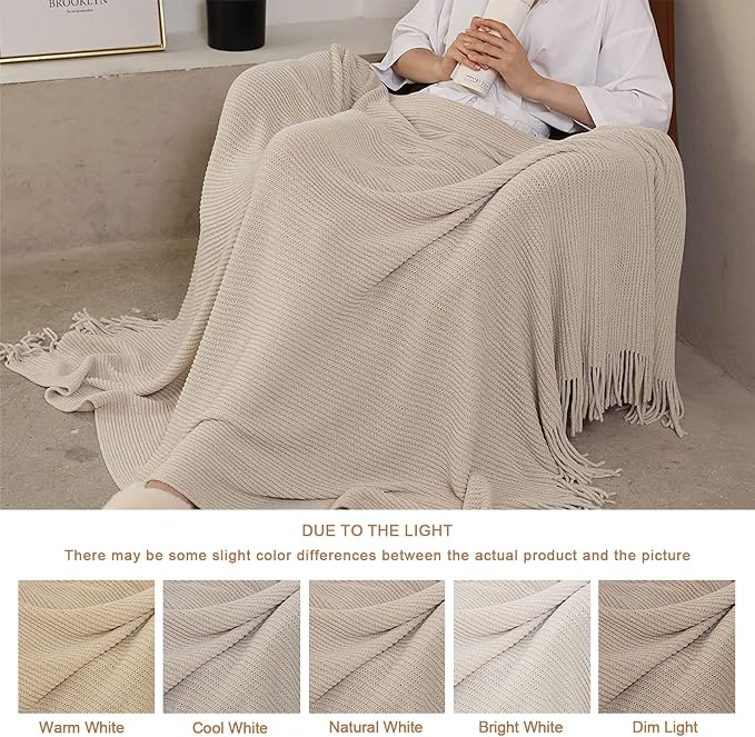 Blagic Chenille Throw Blanket for Couch and Bed,Off White,50"x60" | Soft Farmhouse Boho Throw Blanket with Tassels,Decorative for Living Room,Stripe Textured Throws for Bed/Chair/Sofa
