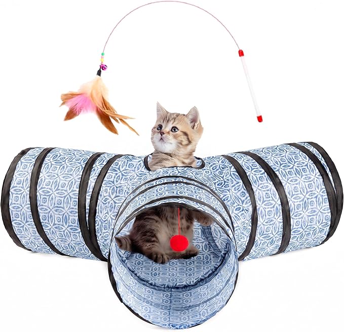 Tempcore 3 Way Collapsible Cat Tunnel for Indoor Cats, Pet Tunnel Bored Toys with Peek Hole & Ball for Puppy, Kitty, Kitten, Rabbit