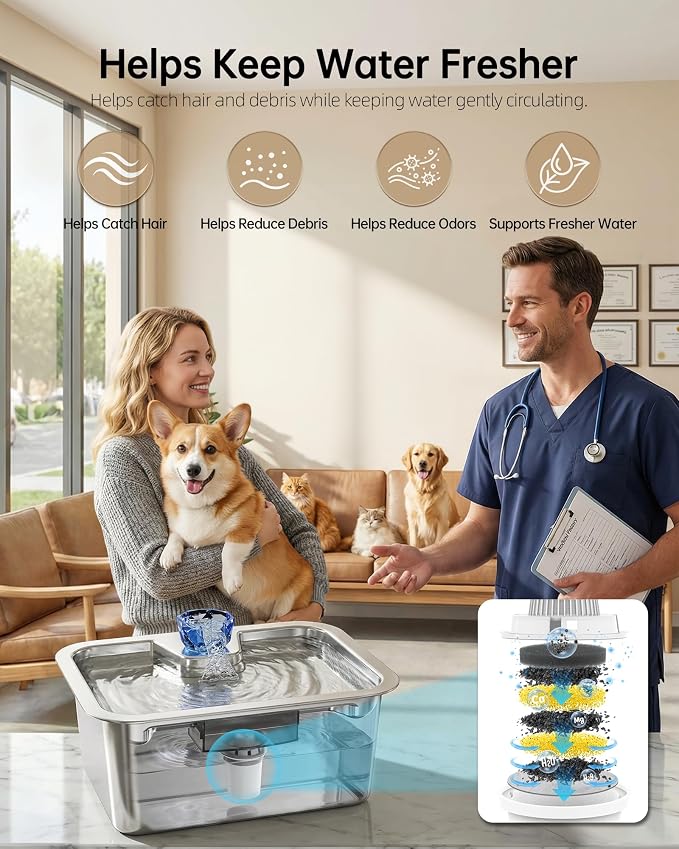 2.56Gal Large Dog Water Fountain Dispenser, 10L Stainless Steel Pet Fountain with 6 Filters, Corded Ultra Quiet Automatic Dog Water Bowl for Large and Multi-Pet Homes, 12 x 8.7 in Drinking Area