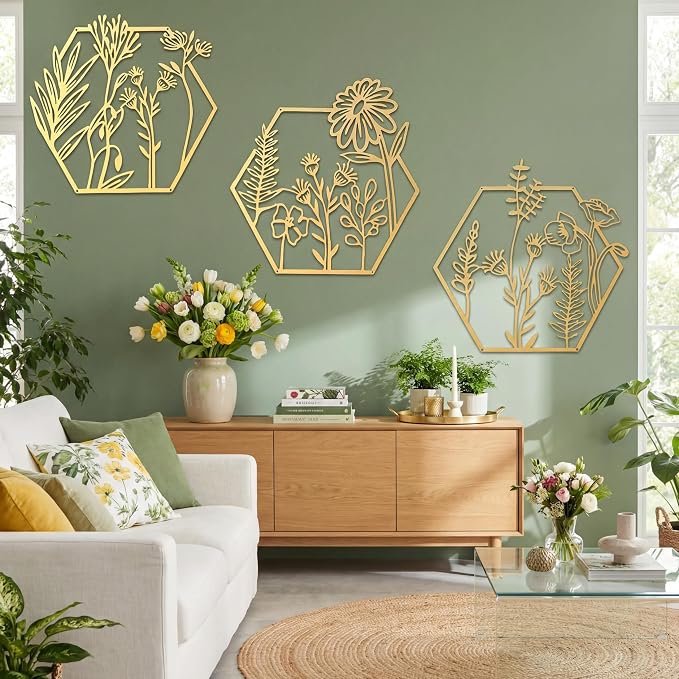 Peryiter 3 Pcs Metal Flower Wall Decor Minimalist Floral Wall Hanging Decor Floral Metal Rustic Flower Art for Summer Living Room Bathroom Kitchen Indoor Outdoor(Gold)