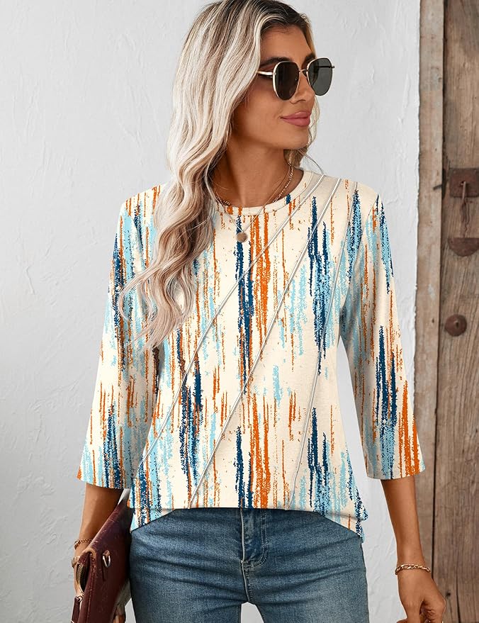 LOMON 3/4 Length Sleeve Womens Tops Spring Summer Fashion 2026 Tops Crew Neck Pleated Shirts Tunic Top Loose Fit