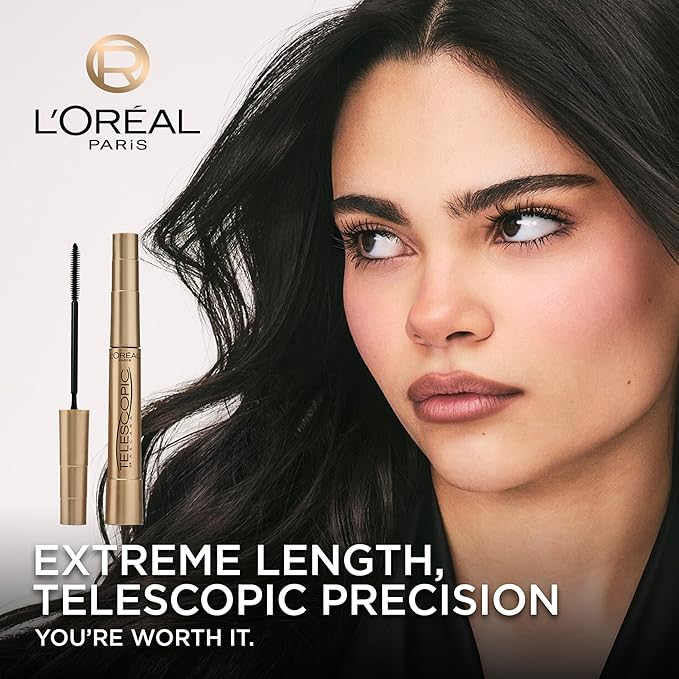 L’Oreal Paris Makeup Original Telescopic Mascara, Separating Mascara Volume and Length Formula, Washable, Black Brown, 0.27 Fl Oz., 1 Count