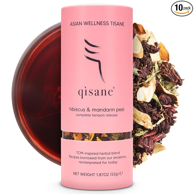 qìsane Organic Hibiscus Tea Bags with Mandarin Peel - Organic Licorice Root, Cassia Seeds - Loose Tea with Tangy Citrus Flavor to Help Support Strain and Tension - 10 sachets (~30 cups)