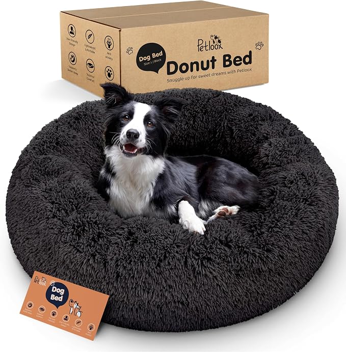 Donut Dog Bed - Premium Comfort for Anxiety Relief - Fluffy & Calming Design with Ultra-Plush Support | Cozy Round Dog Bed with Super Soft Circle Style (Black, Large)