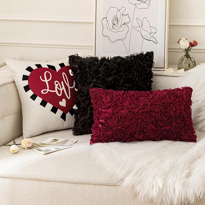 MIULEE Decorative Rose Flower Pillow Covers Pack of 2 Wine Red 12x20 Inch | Cute Romantic Stereo Chiffon Throw Pillow Cover Aesthetic Solid Pillowcase for Girl Coquette Room Decor Coach Bedroom