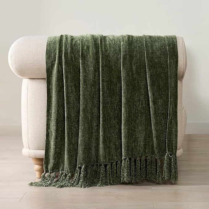 Chenille Knit Throw Blanket for Couch, 50"x60", Olive Green | Cozy Plush Fuzzy Knittd Throw with Tassels, Lightweight, Decorative, Farmhouse Decor, Ideal for Bed Sofa Gift, All Seasons