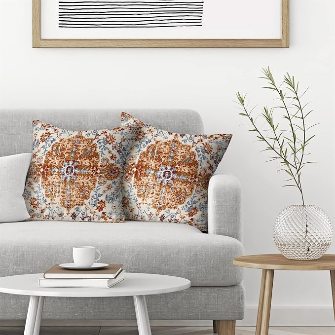 Boho Pillow Covers 20x20 Inch Set of 2,Carpet Pattern Throw Pillows Case,Mustard Yellow Blue Ethnic Design Outdoor Decorative Square Linen Farmhouse Decor Cushion Covers for Home Sofa Bed Couch