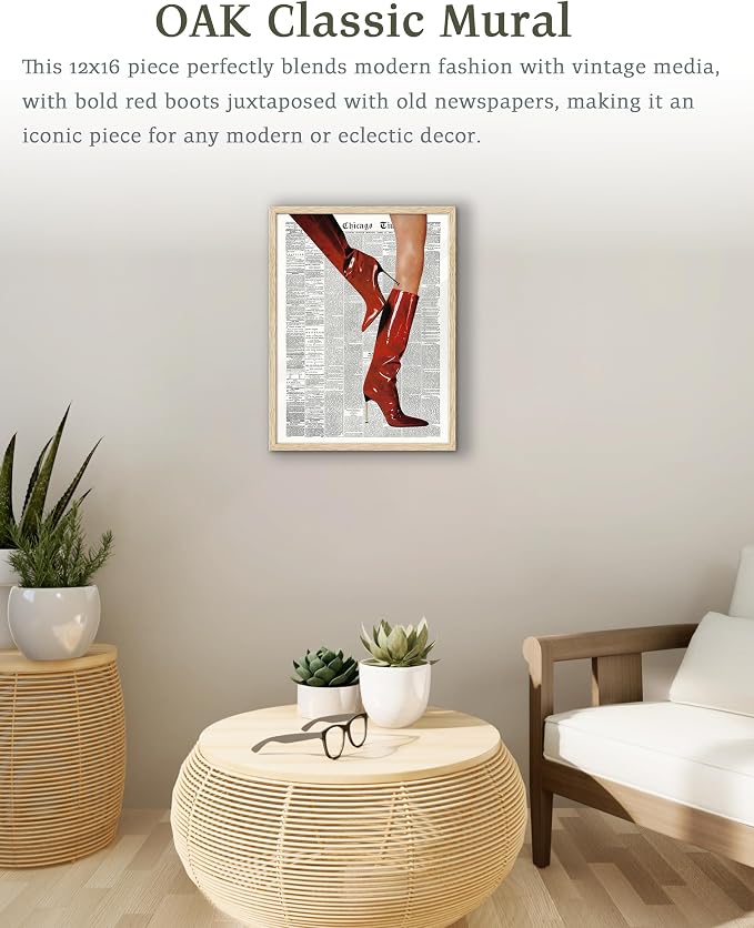 EcoHest 12x16 in Red Boots Newspaper Framed Wall Art | Natural Oak Wood Frame, Canvas Wall Art, Fashion Magazine Wall Decor for Bedroom, Apartment, Dorm Room, College Room, 1Pack