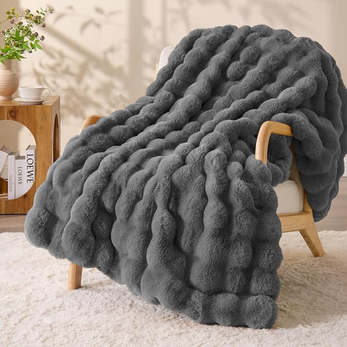 BEDELITE Faux Fur Throw Bubble Blanket for Couch, 50" x 60", Dark Grey | 870GSM Soft Cozy Plush Blanket for Sofa & Bed Living Room Decor, Warm Fuzzy Faux Rabbit Fur for Women Gift, All Season Use