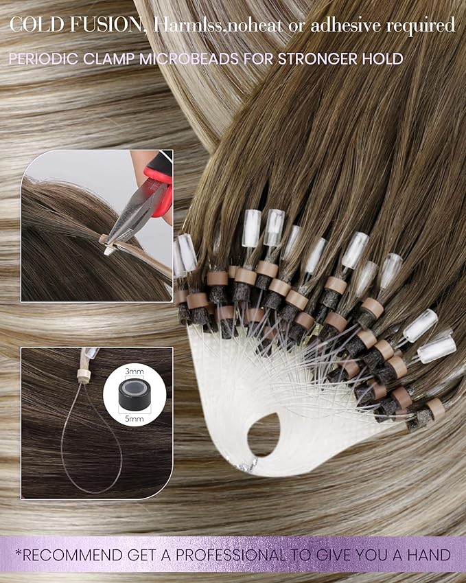LaaVoo Microlink Hair Extensions Balayage Micro Loop Hair Extensions Real Human Hair Ombre Ash Brown Fading to Platinum Blonde 50g/50s 22inch