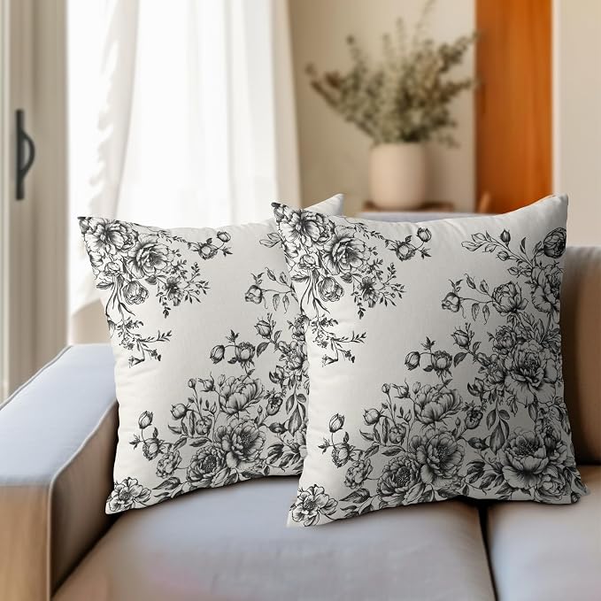 Kawani Vintage Black Flowers Pillow Covers 22x22 Inch Monochrome Sketch Floral Printed Pillowcases Square Cotton Linen Farmhouse Cushion Cover for Couch Sofa Chair Bed Living Room Decor