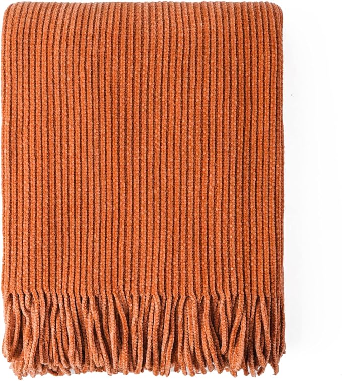 BATTILO HOME Rust Orange Throw Blanket for Couch, 60"x80" | Soft Chenille Throw Blanket with Tassels for Fall Decor, Fall Throw Blanket for Home Decoration