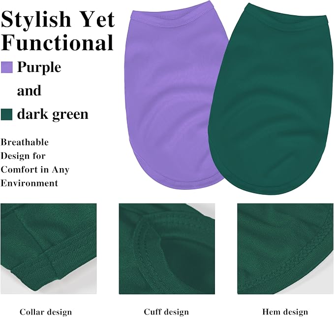 2 Pack Solid Color Dog Shirts – Lightweight, Breathable Pet T-Shirts, Durable Stretchy Clothes for Small to Large Dogs, Ideal for Everyday Wear & Holidays.Green Purple Medium