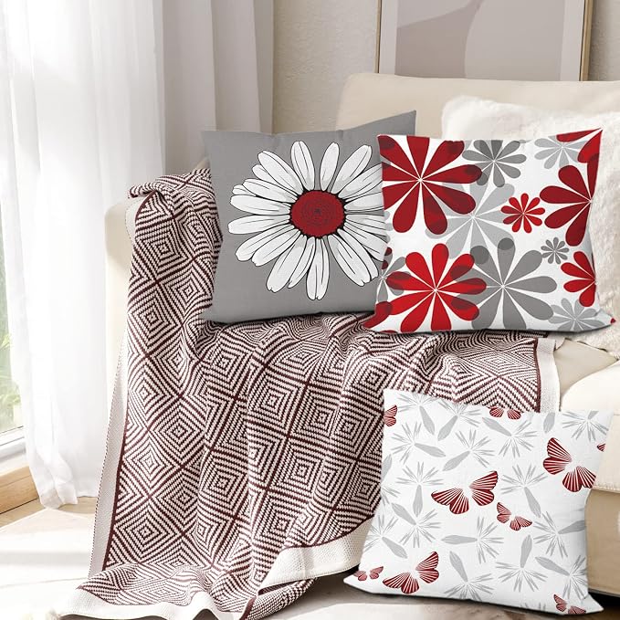 Red Grey Throw Pillow Covers 20x20 Set of 6, Dasiy Floral Home Decor | red floral, decorative cushion cover, Breathable Linen, Large Throw Pillow Size, Spring Christmas Couch Sofa Living Room