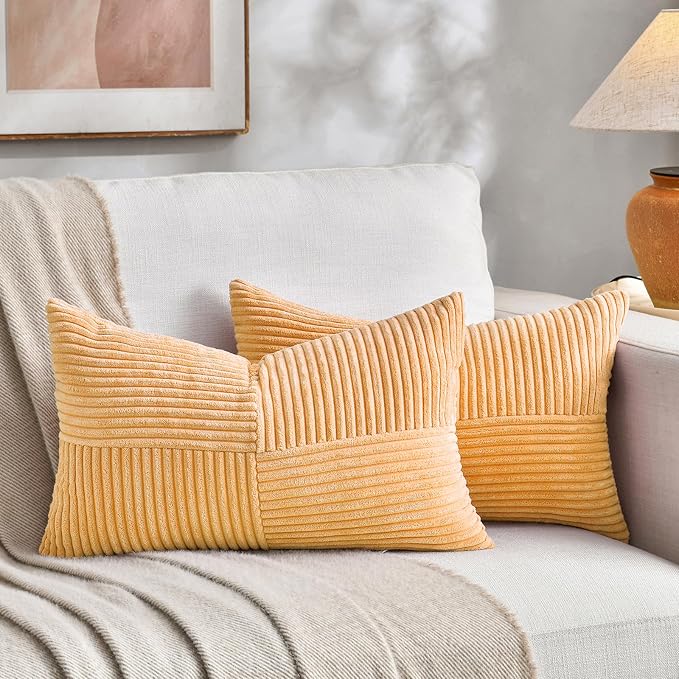 Fancy Homi Gold Yellow Long Lumbar Decorative Throw Pillow Covers 16x24 Inch for Living Room Couch Bed, Boho Farmhouse Fall Home Decor, Soft Corduroy Corss Textured Cushion Case 40x60 cm